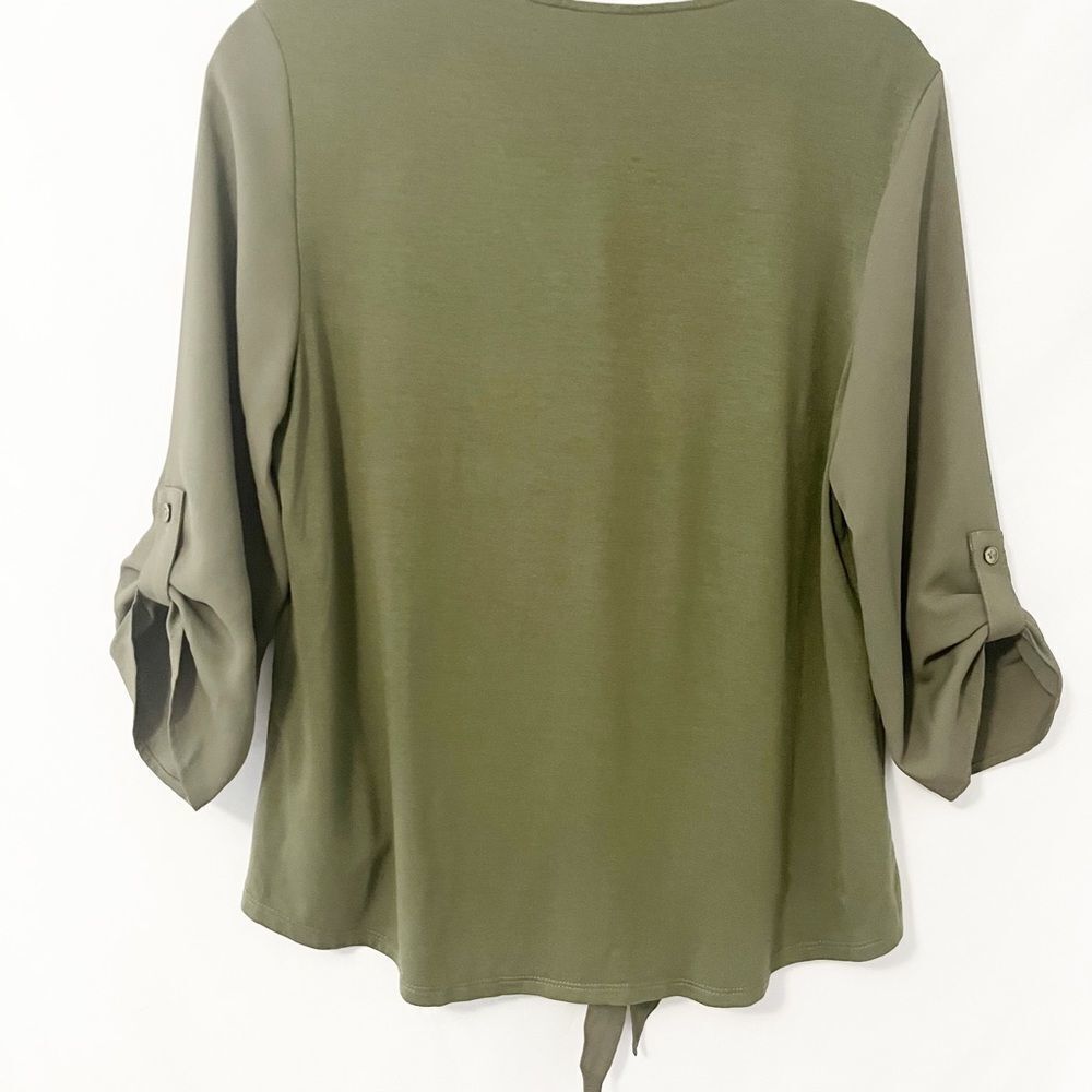 Chicos Olive Roll Tab Sleeve Front Tie Button Down Blouse Size 0 (S) - Picture 5 of 7